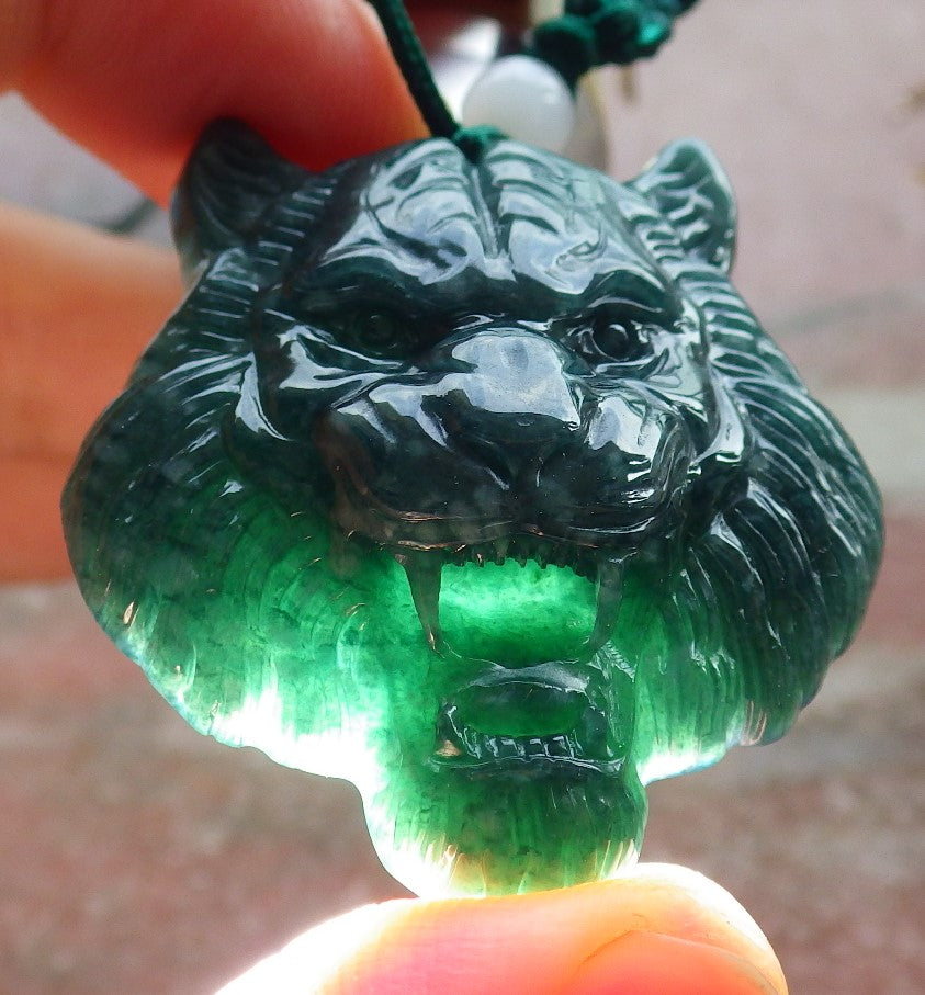 Certified Icy Green Burma 100% Natural A Jade jadeite Pendant Tiger Head Necklace 虎虎生威 634613  TN