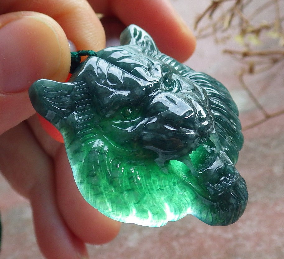 Certified Icy Green Burma 100% Natural A Jade jadeite Pendant Tiger Head Necklace 虎虎生威 634613  TN