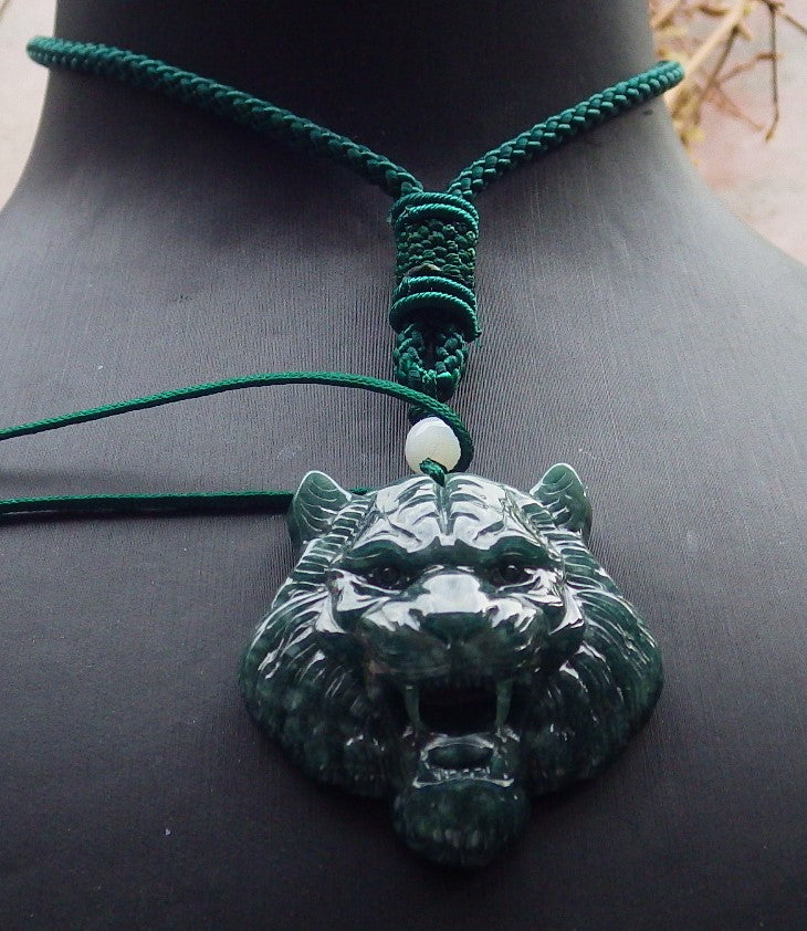 Certified Icy Green Burma 100% Natural A Jade jadeite Pendant Tiger Head Necklace 虎虎生威 634613  TN