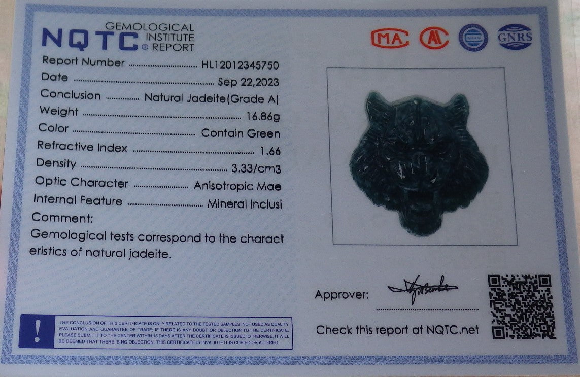 Certified Icy Green Burma 100% Natural A Jade jadeite Pendant Tiger Head Necklace 虎虎生威 634613  TN