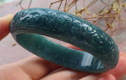 Certified Icy Green Burma 100% Natural A JADE Jadeite Ruyi Coin Longevity Bangle Bracelet 55 mm 手镯 634701   TN
