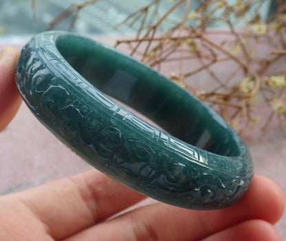 Certified Icy Green Burma 100% Natural A JADE Jadeite Ruyi Coin Longevity Bangle Bracelet 55 mm 手镯 634701   TN