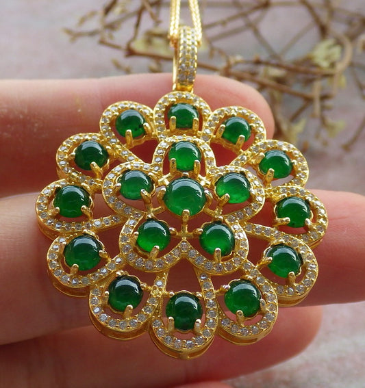 Icy Green Silver 925 Certified Burma 100% Natural A JADE Jadeite pendant Cabochon Flower Necklace 花开富贵 634710  TN