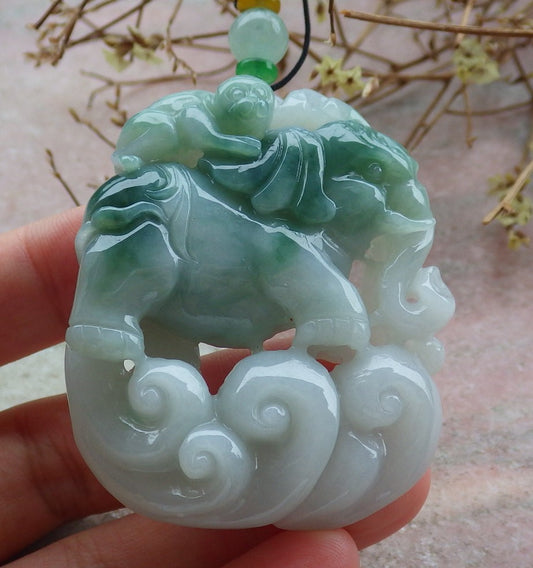Certified Green Burma 100% Natural A Jade jadeite Pendant  Elephant Monkey Coin Necklace 封侯拜相 634754  TN