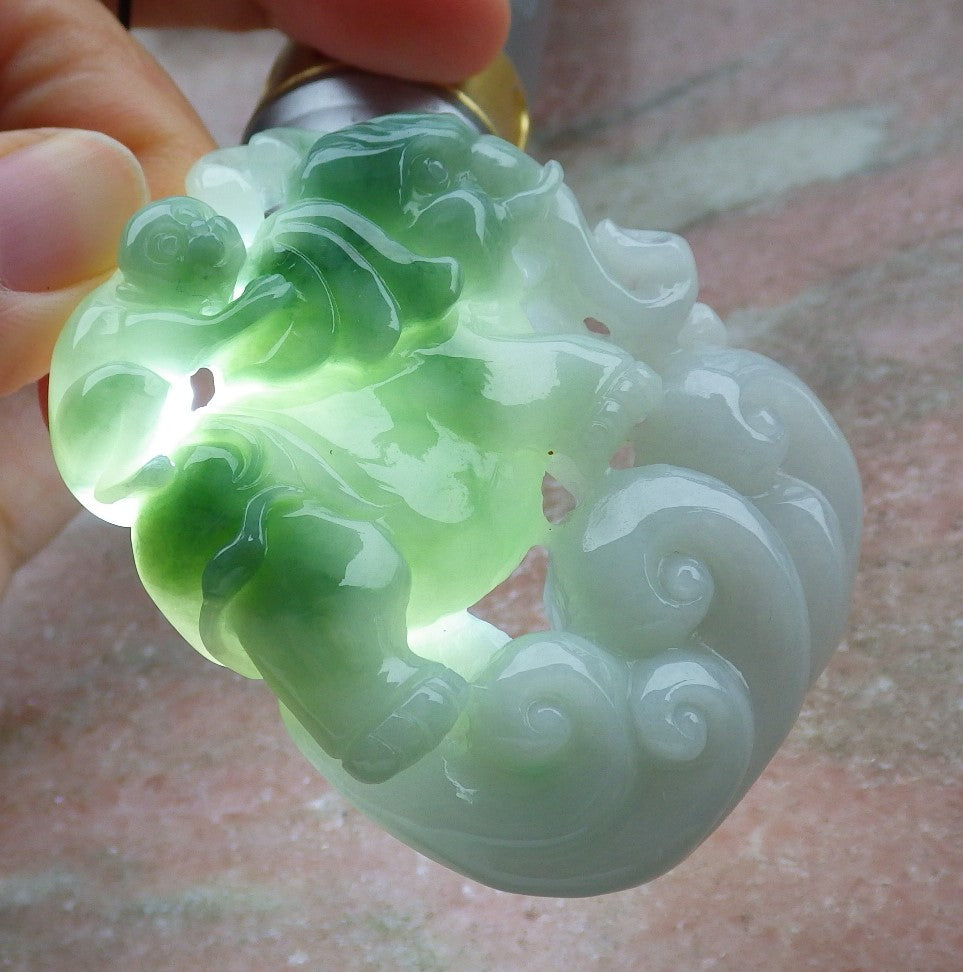 Certified Green Burma 100% Natural A Jade jadeite Pendant  Elephant Monkey Coin Necklace 封侯拜相 634754  TN