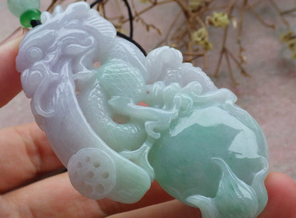 Certified Lavender Green Burma 100% Natural A Jade jadeite Pendant Dragon Money Coin Necklace 生意兴隆 634763  TN