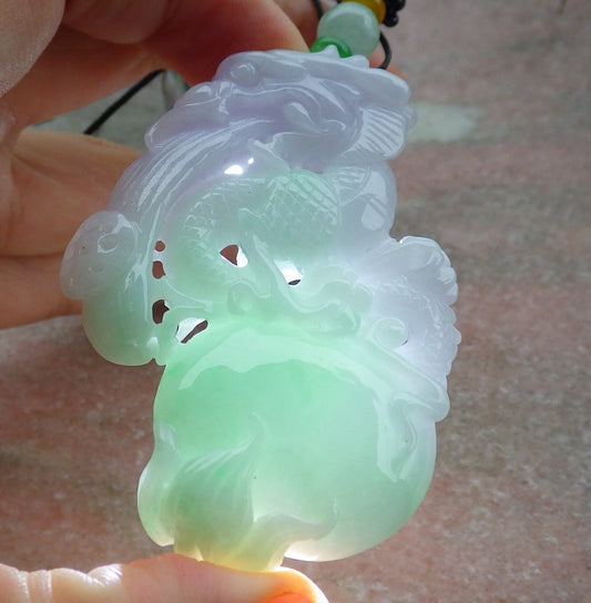 Certified Lavender Green Burma 100% Natural A Jade jadeite Pendant Dragon Money Coin Necklace 生意兴隆 634763  TN