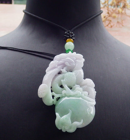 Certified Lavender Green Burma 100% Natural A Jade jadeite Pendant Dragon Money Coin Necklace 生意兴隆 634763  TN