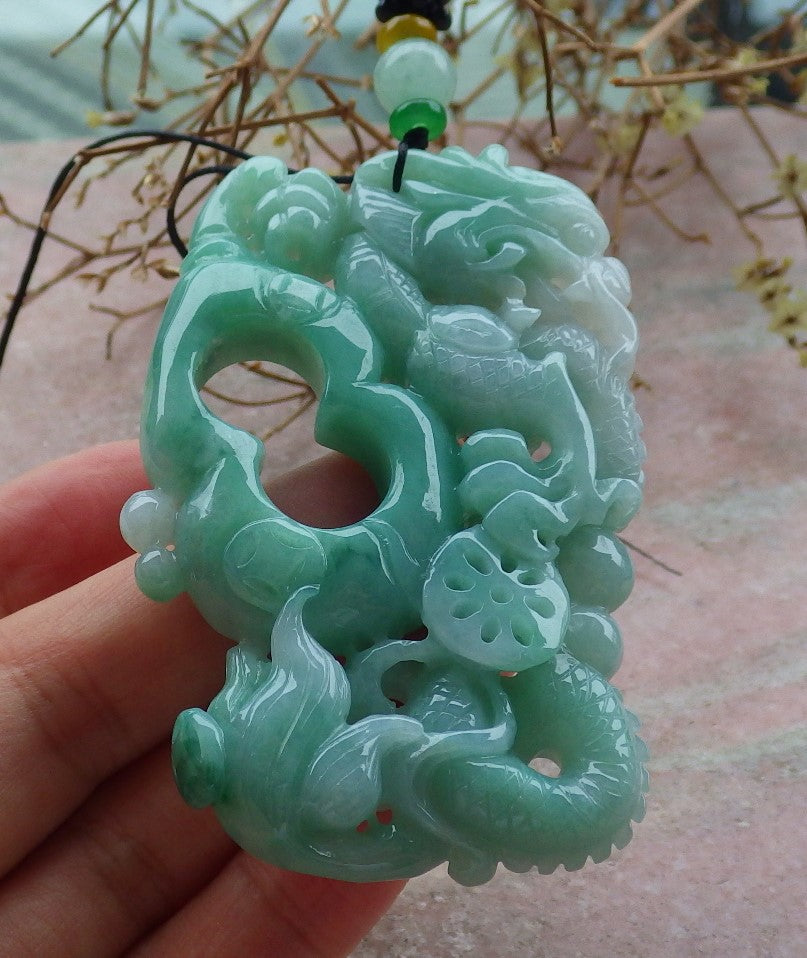 Certified Green Burma 100% Natural A Jade jadeite Pendant Dragon Money Coin Necklace 生意兴隆 634782  TN
