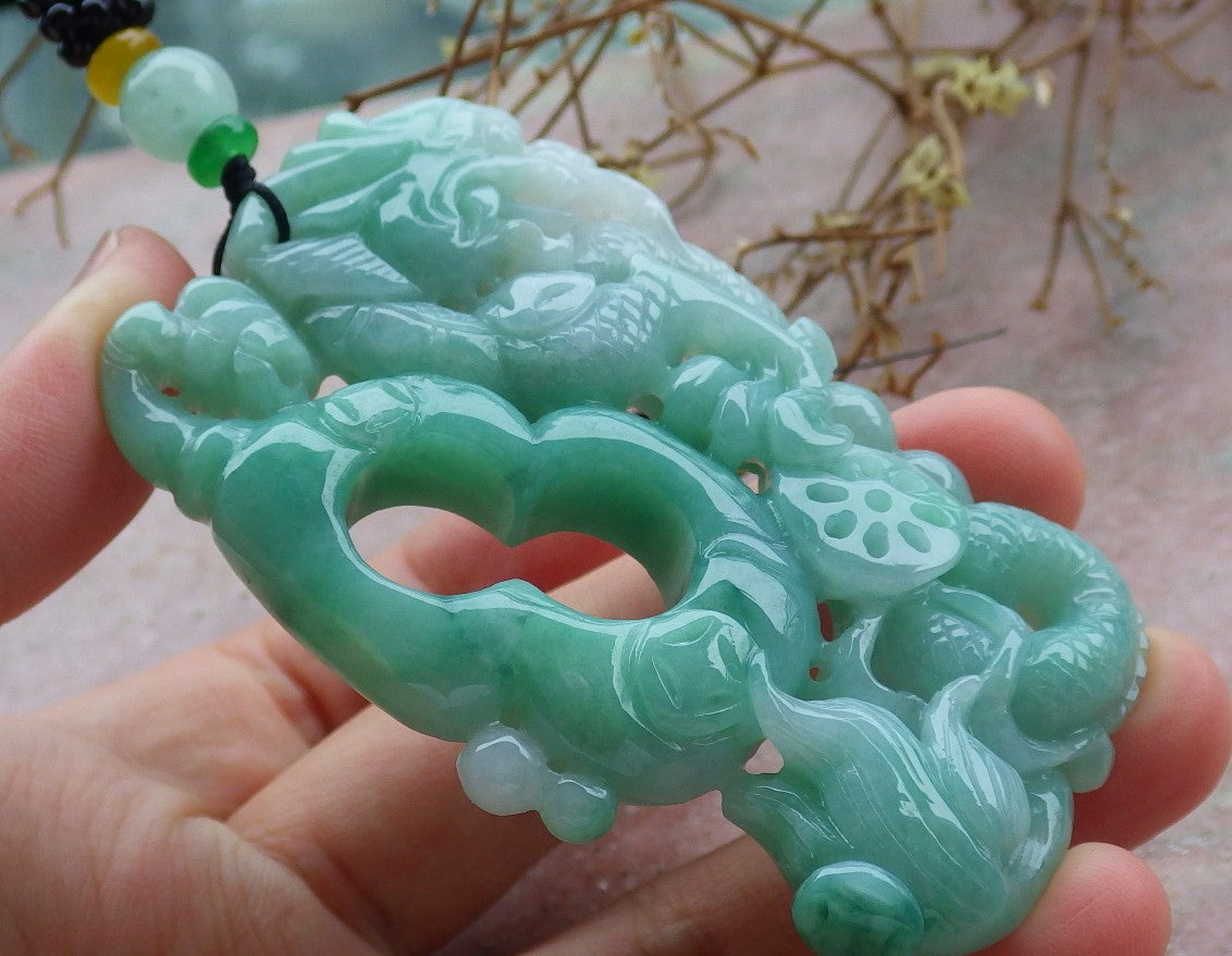 Certified Green Burma 100% Natural A Jade jadeite Pendant Dragon Money Coin Necklace 生意兴隆 634782  TN
