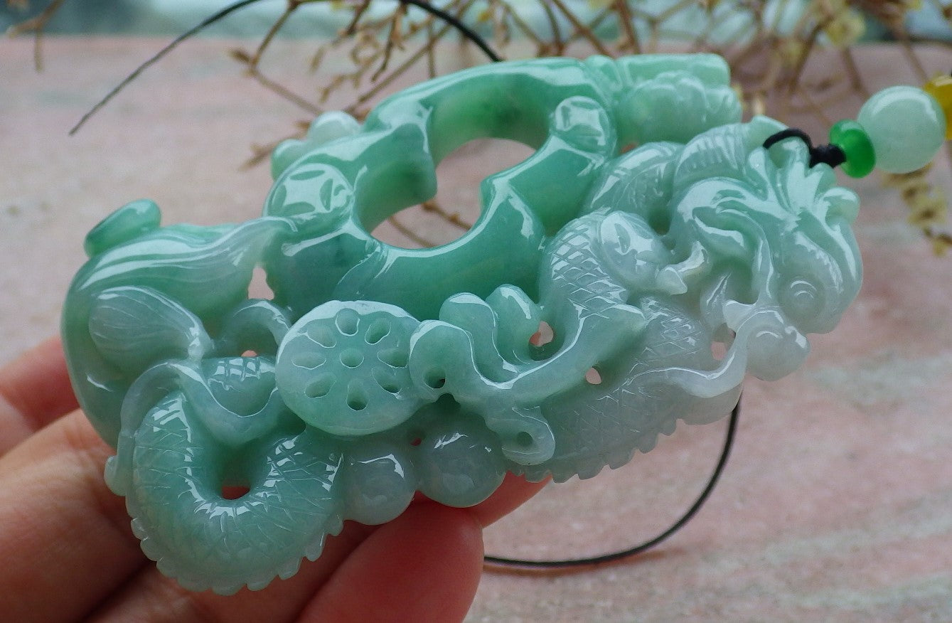 Certified Green Burma 100% Natural A Jade jadeite Pendant Dragon Money Coin Necklace 生意兴隆 634782  TN