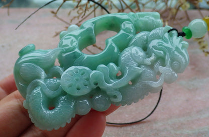 Certified Green Burma 100% Natural A Jade jadeite Pendant Dragon Money Coin Necklace 生意兴隆 634782  TN