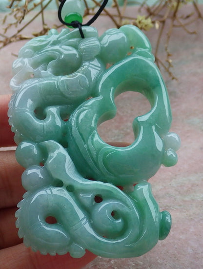 Certified Green Burma 100% Natural A Jade jadeite Pendant Dragon Money Coin Necklace 生意兴隆 634782  TN
