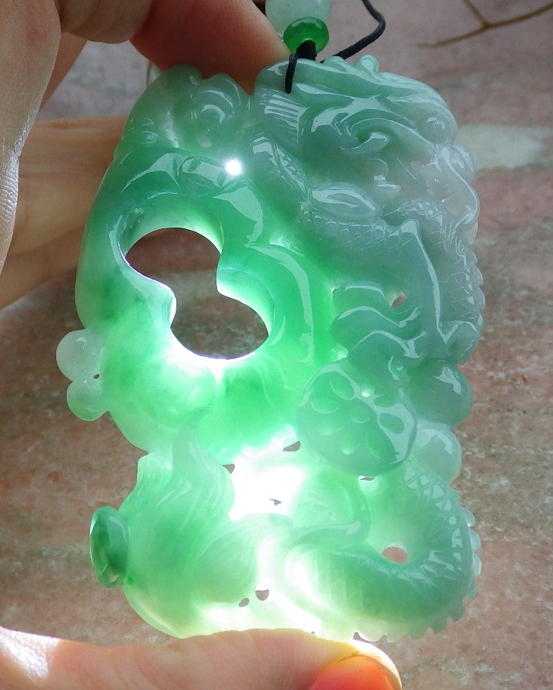 Certified Green Burma 100% Natural A Jade jadeite Pendant Dragon Money Coin Necklace 生意兴隆 634782  TN