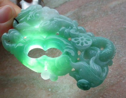 Certified Green Burma 100% Natural A Jade jadeite Pendant Dragon Money Coin Necklace 生意兴隆 634782  TN