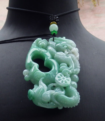 Certified Green Burma 100% Natural A Jade jadeite Pendant Dragon Money Coin Necklace 生意兴隆 634782  TN