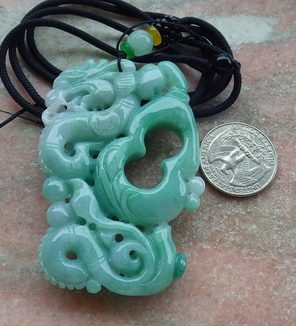 Certified Green Burma 100% Natural A Jade jadeite Pendant Dragon Money Coin Necklace 生意兴隆 634782  TN