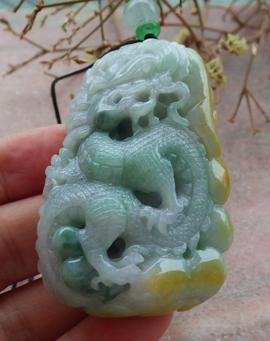 Certified Yellow Green Burma 100% Natural A Jade jadeite Pendant Dragon Coin Ruyi Necklace 生意兴隆 634800   TN