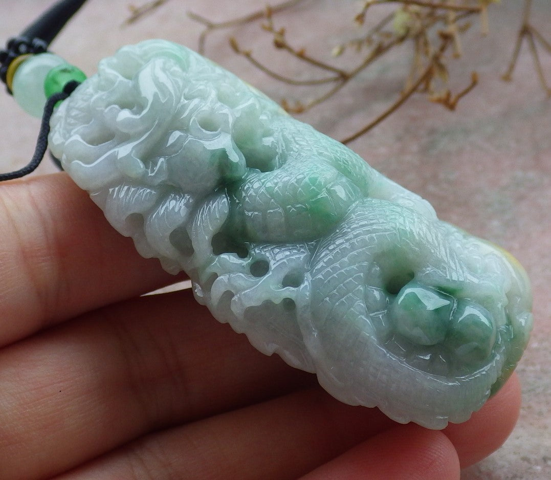 Certified Yellow Green Burma 100% Natural A Jade jadeite Pendant Dragon Coin Ruyi Necklace 生意兴隆 634800   TN