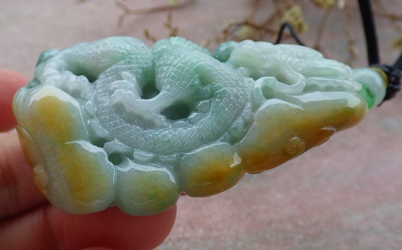 Certified Yellow Green Burma 100% Natural A Jade jadeite Pendant Dragon Coin Ruyi Necklace 生意兴隆 634800   TN