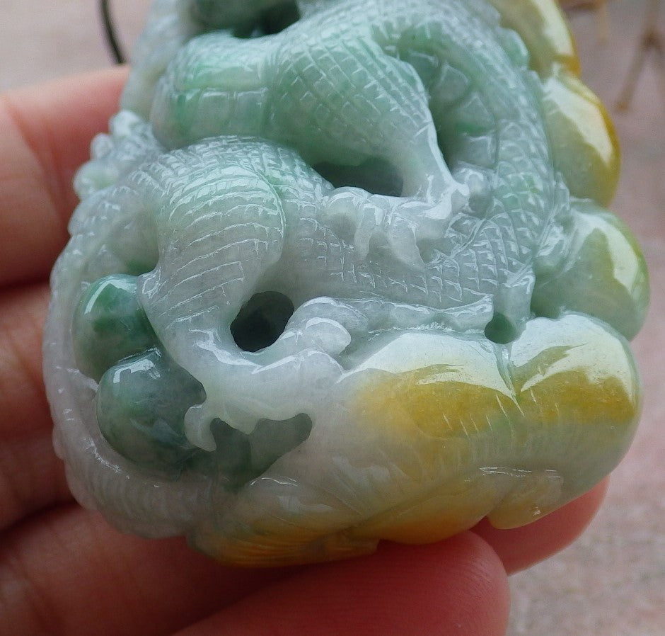 Certified Yellow Green Burma 100% Natural A Jade jadeite Pendant Dragon Coin Ruyi Necklace 生意兴隆 634800   TN
