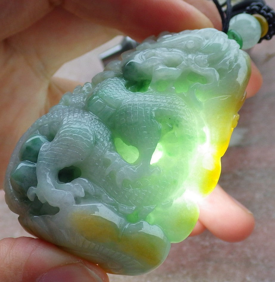 Certified Yellow Green Burma 100% Natural A Jade jadeite Pendant Dragon Coin Ruyi Necklace 生意兴隆 634800   TN