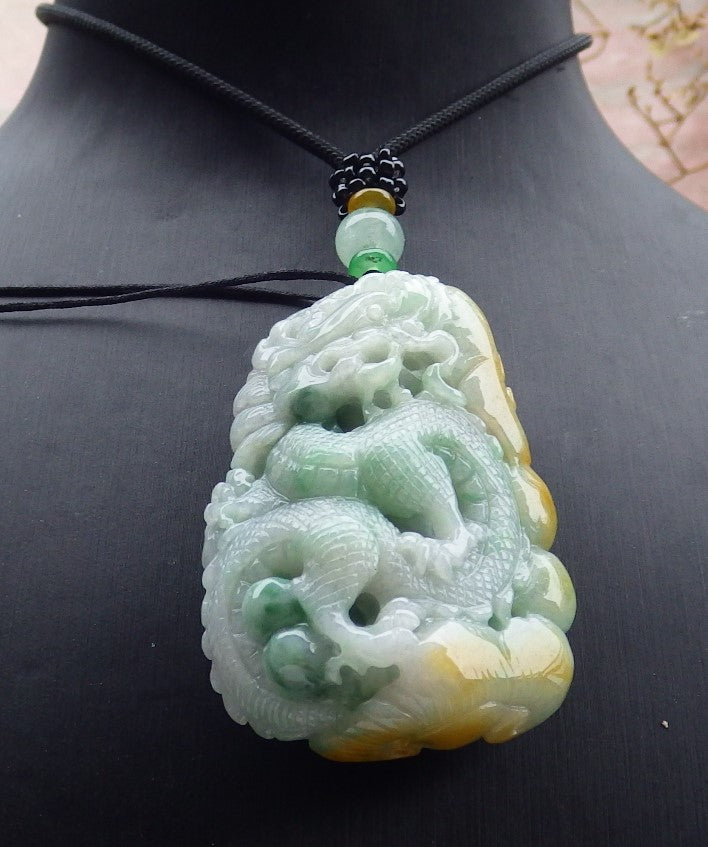 Certified Yellow Green Burma 100% Natural A Jade jadeite Pendant Dragon Coin Ruyi Necklace 生意兴隆 634800   TN