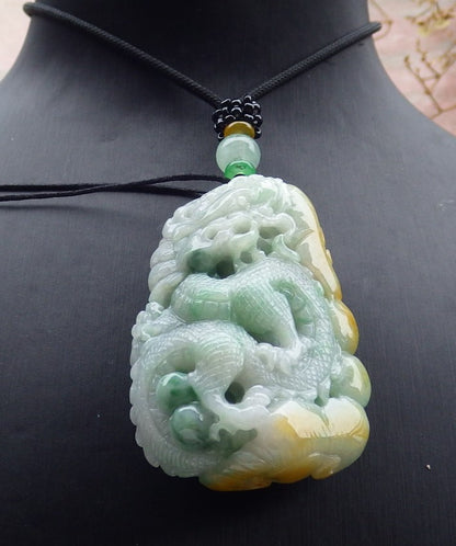 Certified Yellow Green Burma 100% Natural A Jade jadeite Pendant Dragon Coin Ruyi Necklace 生意兴隆 634800   TN