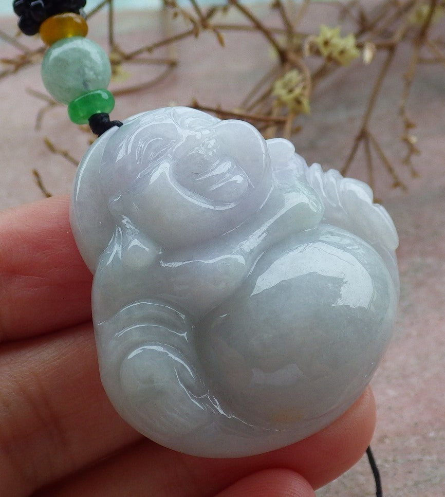 Atestita Verda Pala Lavenda Birmo 100% Natura A Jadejadeita pendanta Feliĉa Budho-Dio-Koliero 开心佛 634820 TN