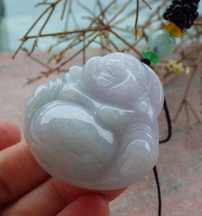 Atestita Verda Pala Lavenda Birmo 100% Natura A Jadejadeita pendanta Feliĉa Budho-Dio-Koliero 开心佛 634820 TN