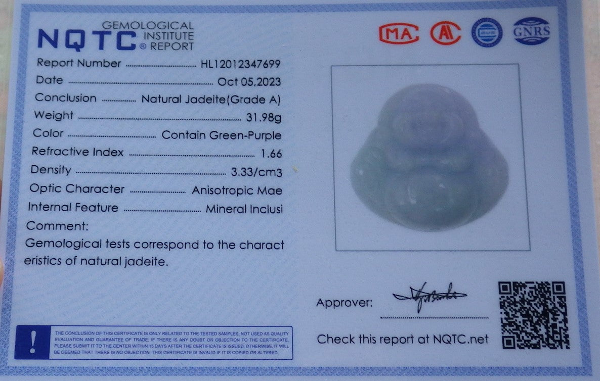 Atestita Verda Pala Lavenda Birmo 100% Natura A Jadejadeita pendanta Feliĉa Budho-Dio-Koliero 开心佛 634820 TN