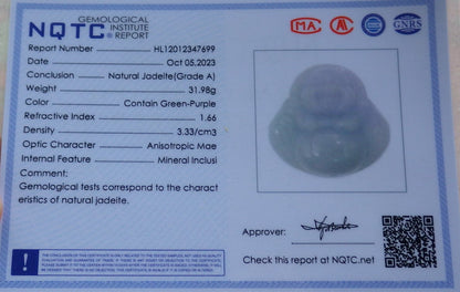 Atestita Verda Pala Lavenda Birmo 100% Natura A Jadejadeita pendanta Feliĉa Budho-Dio-Koliero 开心佛 634820 TN