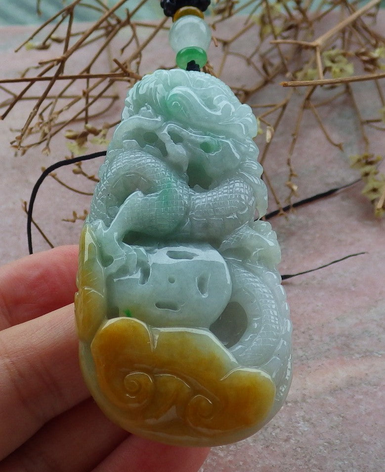 Certified Yellow Green Burma 100% Natural A Jade jadeite Pendant Dragon Coin Ruyi Necklace 生意兴隆 634896  TN