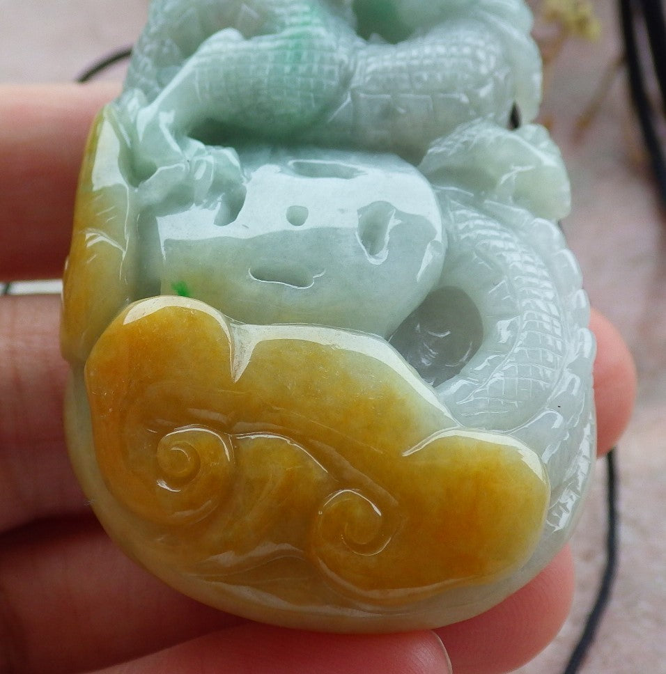 Certified Yellow Green Burma 100% Natural A Jade jadeite Pendant Dragon Coin Ruyi Necklace 生意兴隆 634896  TN