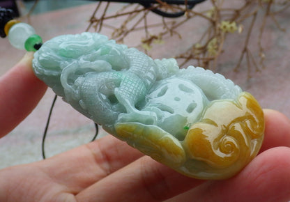 Certified Yellow Green Burma 100% Natural A Jade jadeite Pendant Dragon Coin Ruyi Necklace 生意兴隆 634896  TN