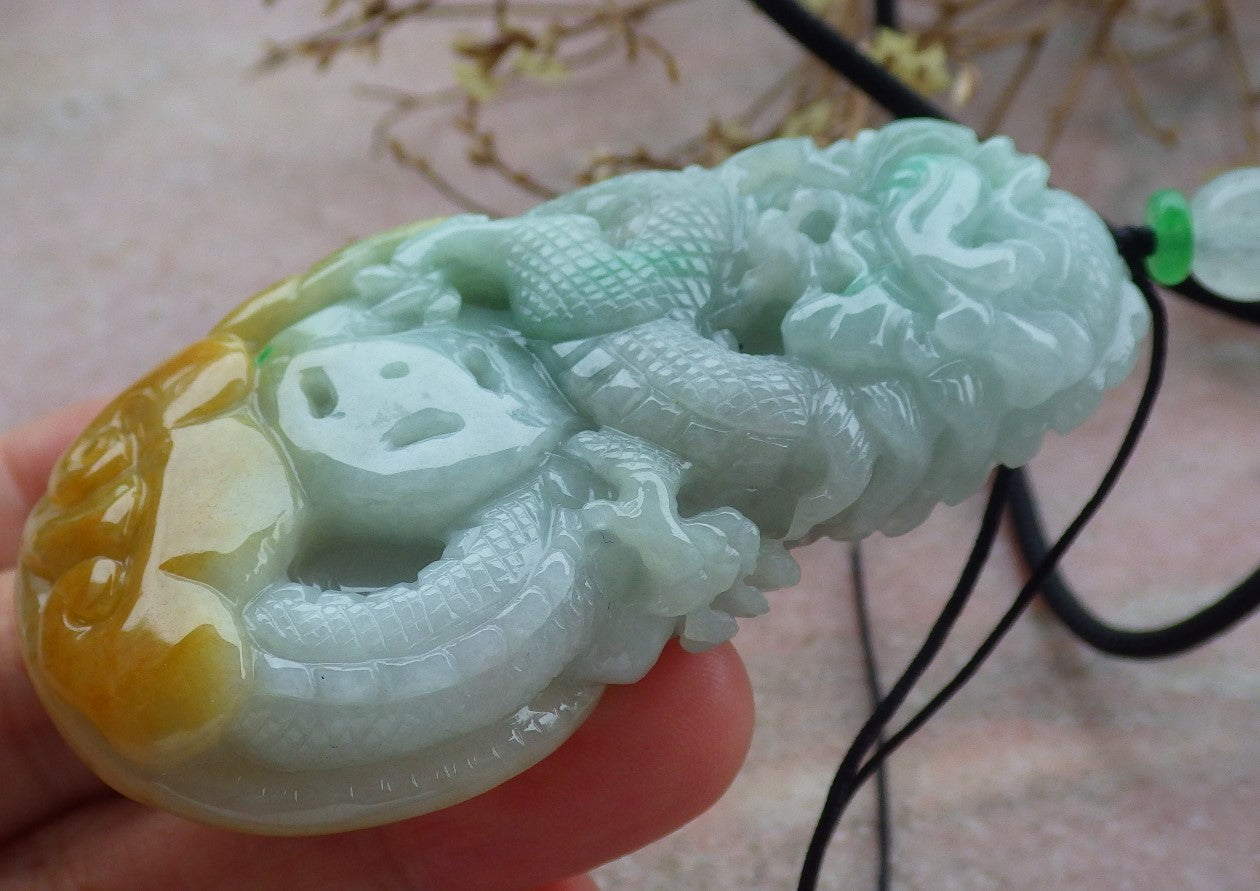 Certified Yellow Green Burma 100% Natural A Jade jadeite Pendant Dragon Coin Ruyi Necklace 生意兴隆 634896  TN
