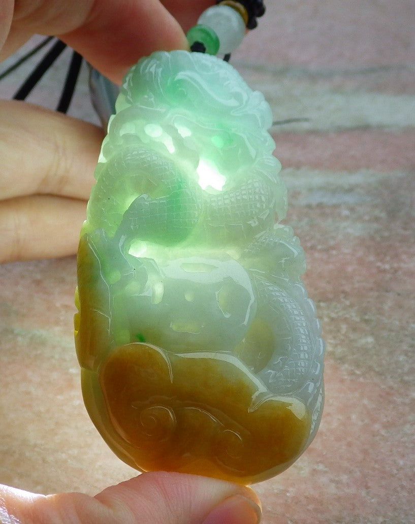 Certified Yellow Green Burma 100% Natural A Jade jadeite Pendant Dragon Coin Ruyi Necklace 生意兴隆 634896  TN