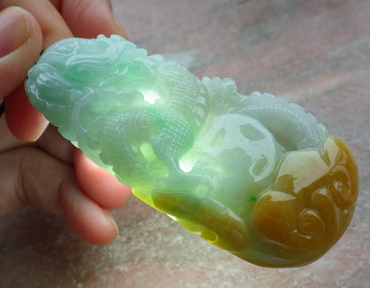 Certified Yellow Green Burma 100% Natural A Jade jadeite Pendant Dragon Coin Ruyi Necklace 生意兴隆 634896  TN