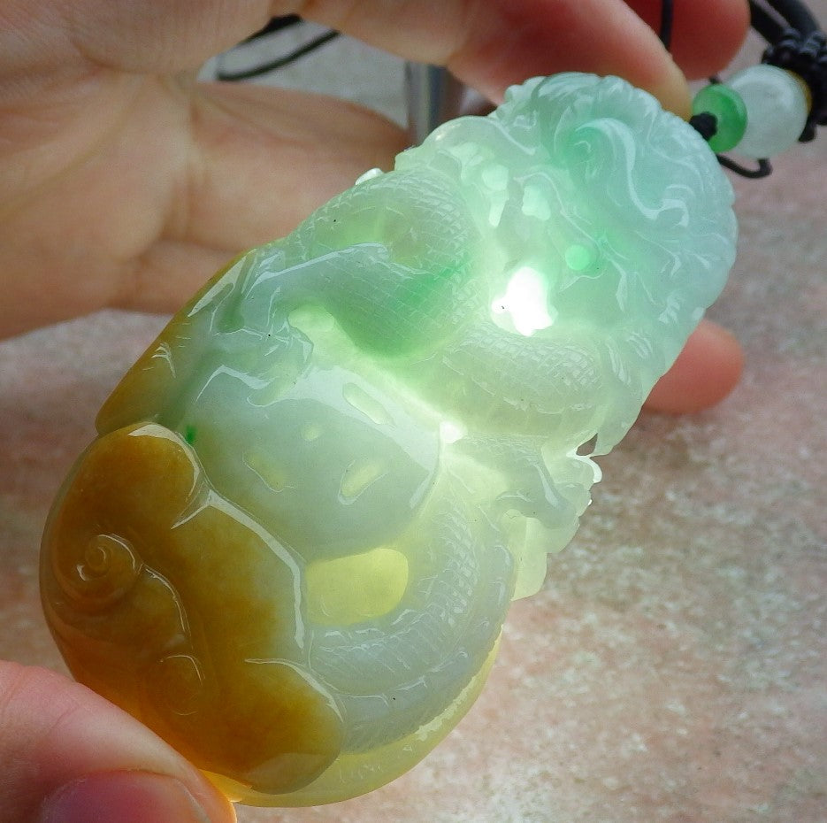 Certified Yellow Green Burma 100% Natural A Jade jadeite Pendant Dragon Coin Ruyi Necklace 生意兴隆 634896  TN