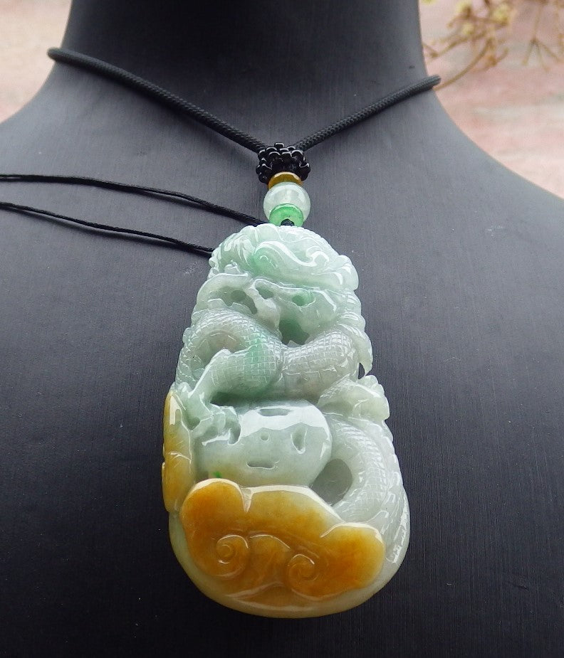 Certified Yellow Green Burma 100% Natural A Jade jadeite Pendant Dragon Coin Ruyi Necklace 生意兴隆 634896  TN