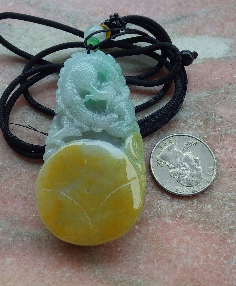 Certified Yellow Green Burma 100% Natural A Jade jadeite Pendant Dragon Coin Ruyi Necklace 生意兴隆 634896  TN