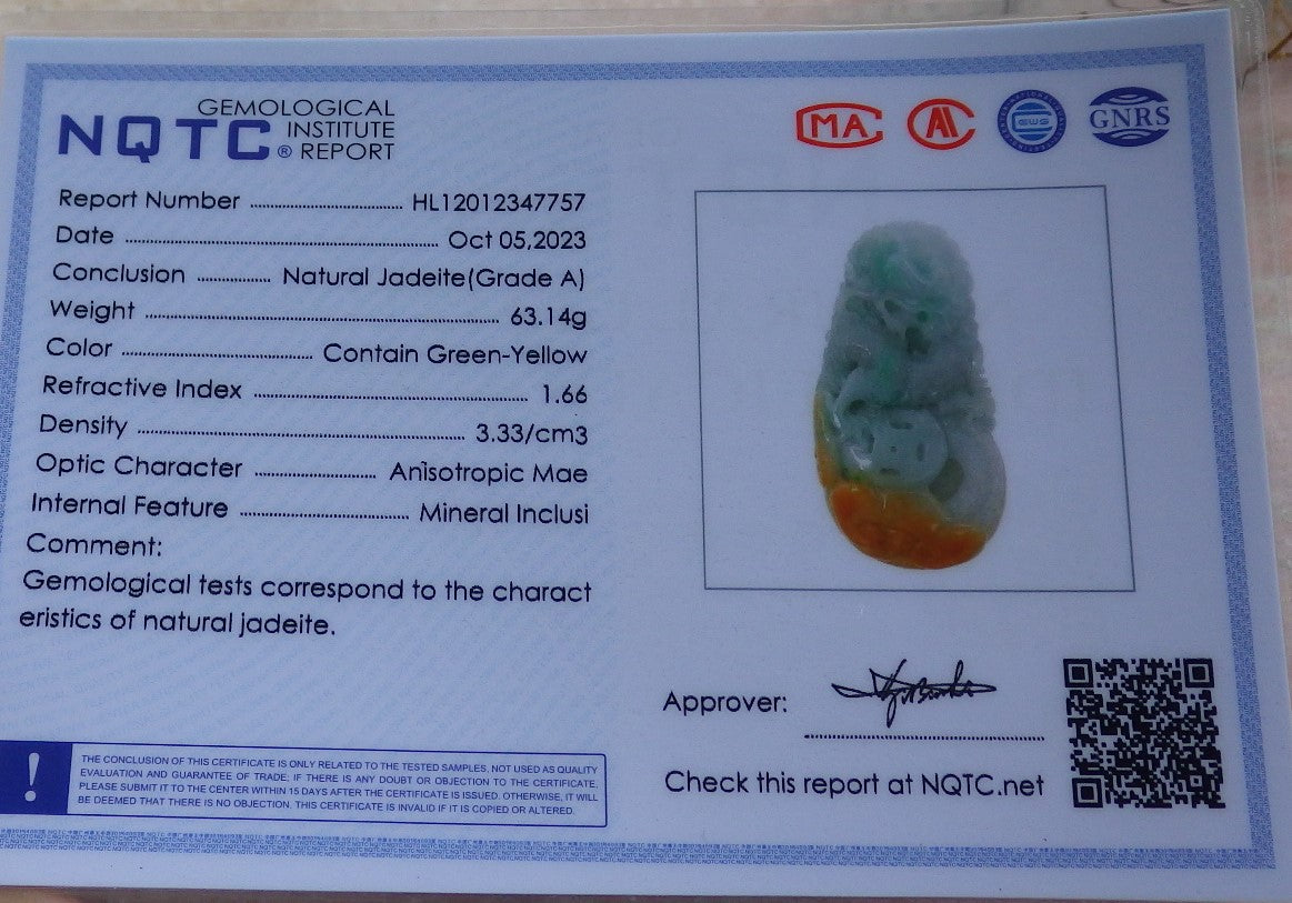 Certified Yellow Green Burma 100% Natural A Jade jadeite Pendant Dragon Coin Ruyi Necklace 生意兴隆 634896  TN