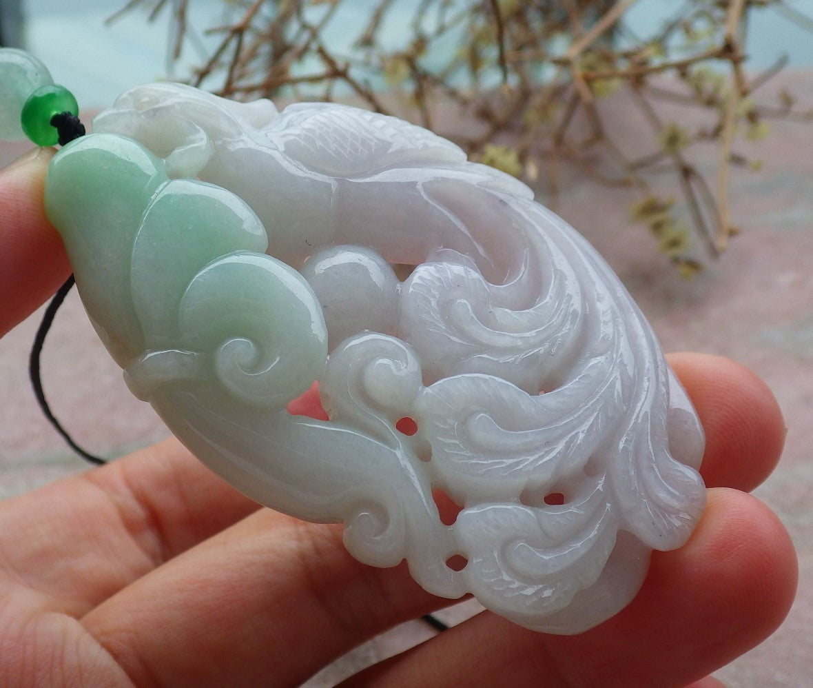 Atestita Verda Pala Lavenda Birmo 100% Natura A Jadejadeita pendanta Phoenix Ruyi Necklace 凤凰 634963 TN