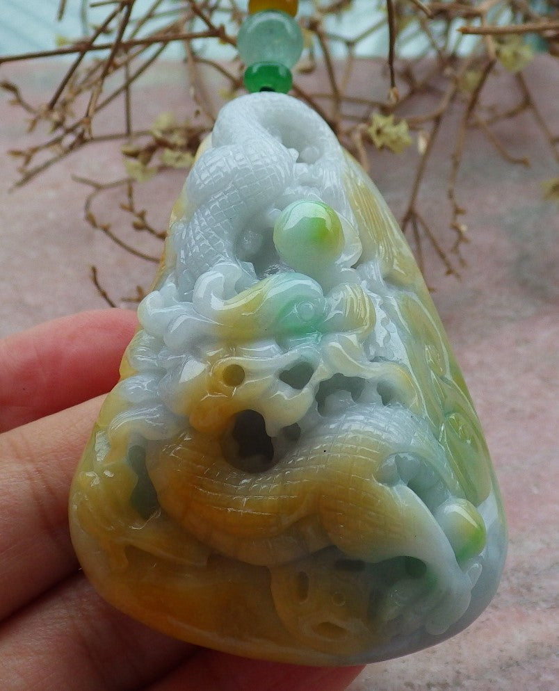 Certified Yellow Green Burma 100% Natural A Jade jadeite Pendant Dragon Coin Ruyi Necklace 生意兴隆 635020  TN