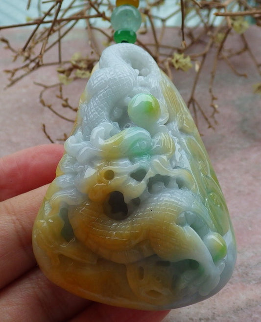 Certified Yellow Green Burma 100% Natural A Jade jadeite Pendant Dragon Coin Ruyi Necklace 生意兴隆 635020  TN