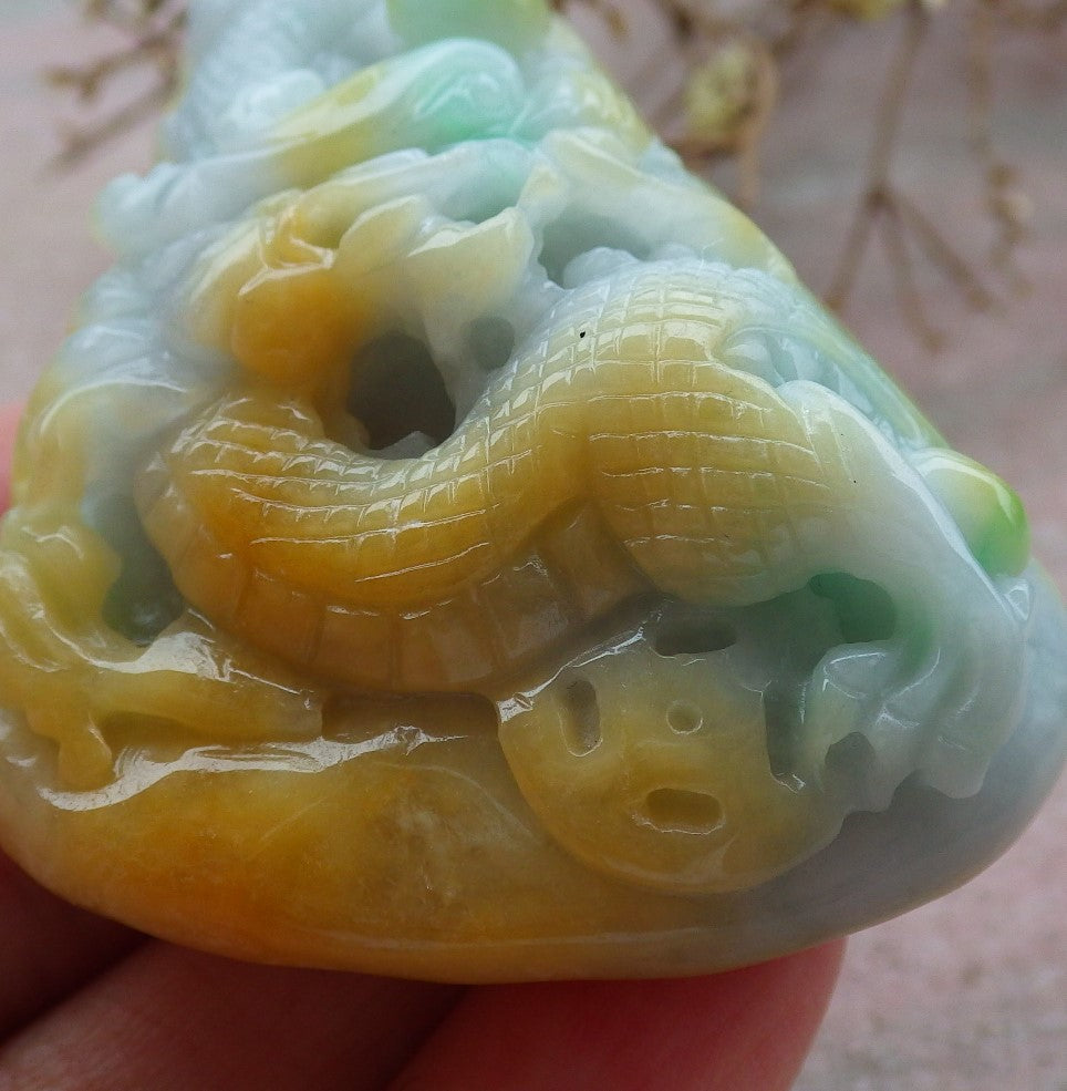 Certified Yellow Green Burma 100% Natural A Jade jadeite Pendant Dragon Coin Ruyi Necklace 生意兴隆 635020  TN