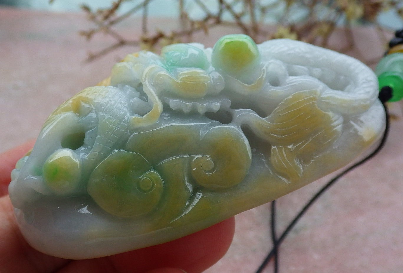 Certified Yellow Green Burma 100% Natural A Jade jadeite Pendant Dragon Coin Ruyi Necklace 生意兴隆 635020  TN