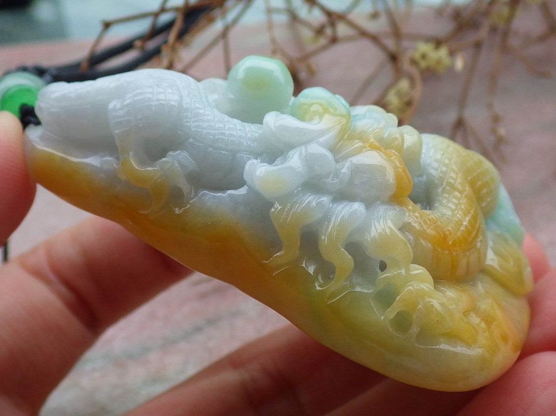 Certified Yellow Green Burma 100% Natural A Jade jadeite Pendant Dragon Coin Ruyi Necklace 生意兴隆 635020  TN