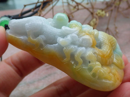 Certified Yellow Green Burma 100% Natural A Jade jadeite Pendant Dragon Coin Ruyi Necklace 生意兴隆 635020  TN