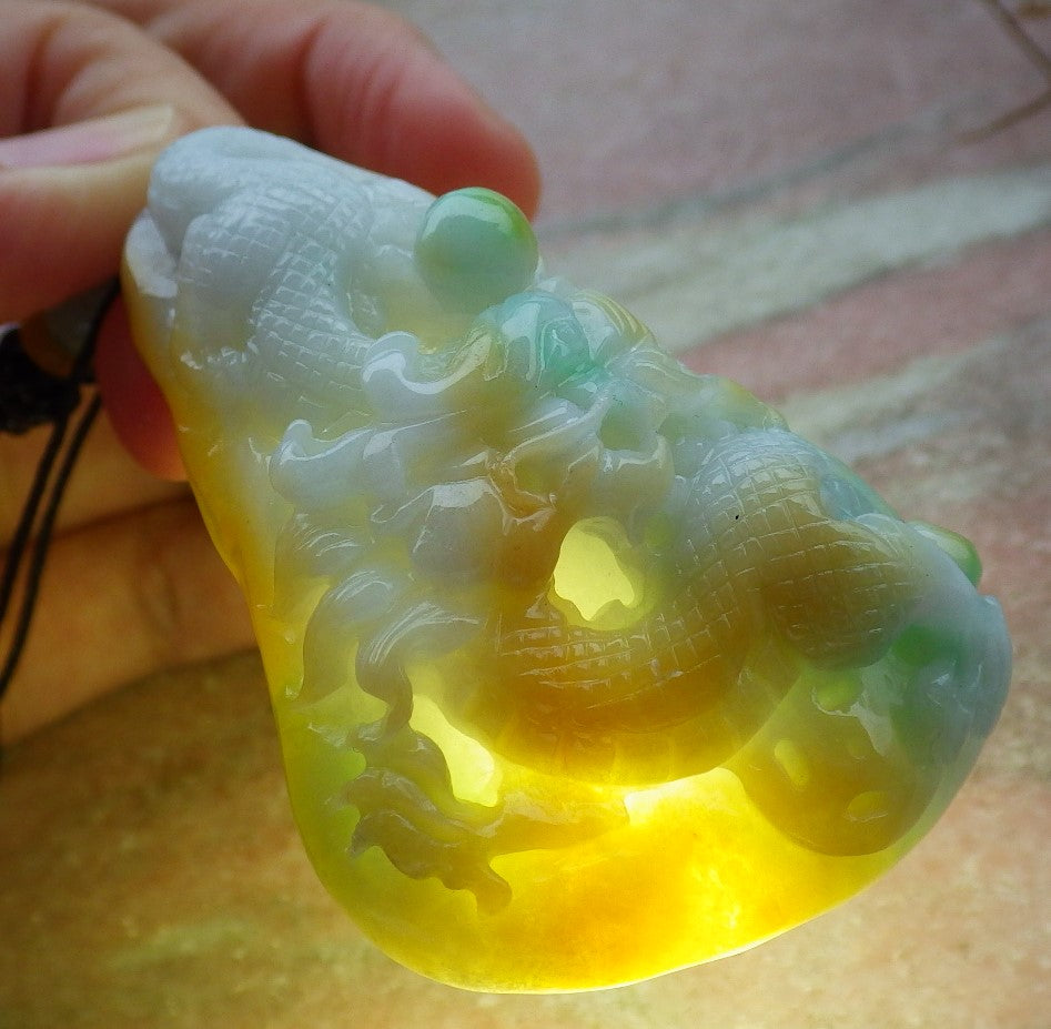Certified Yellow Green Burma 100% Natural A Jade jadeite Pendant Dragon Coin Ruyi Necklace 生意兴隆 635020  TN